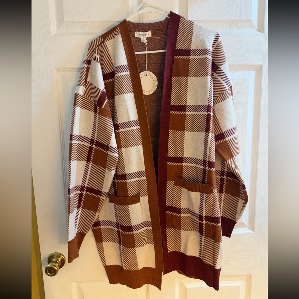 Umgee Burgundy and Cream Plaid Cardigan